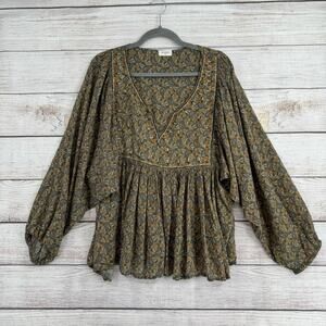 World Market BOHO V-Neck Paisley Blouse Womens Green Rust Dolman